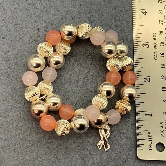 Breast Cancer Awareness Bracelet Stretch Pink Silver Fluted Ribbon Charm BCA - Picture 5 of 5